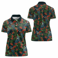 New Zealand Christmas Women Polo Shirt Romantic Tui Birds on Pohutukawa - Cobalt - Polynesian Pride