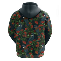 New Zealand Christmas Zip Hoodie Romantic Tui Birds on Pohutukawa - Cobalt - Polynesian Pride