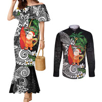 Polynesian Couples Matching Mermaid Dress and Long Sleeve Button Shirt Tropical Santa - Plumeria Black Vintage