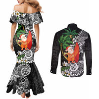 Polynesian Couples Matching Mermaid Dress and Long Sleeve Button Shirt Tropical Santa - Plumeria Black Vintage