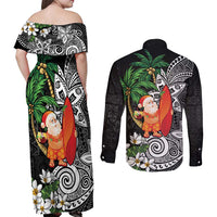 Polynesian Couples Matching Off Shoulder Maxi Dress and Long Sleeve Button Shirt Tropical Santa - Plumeria Black Vintage