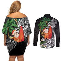 Polynesian Couples Matching Off Shoulder Short Dress and Long Sleeve Button Shirt Tropical Santa - Plumeria Black Vintage