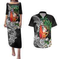 Polynesian Couples Matching Puletasi and Hawaiian Shirt Tropical Santa - Plumeria Black Vintage