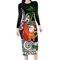 Polynesian Long Sleeve Bodycon Dress Tropical Santa - Plumeria Black Vintage LT7 Long Dress Black - Polynesian Pride