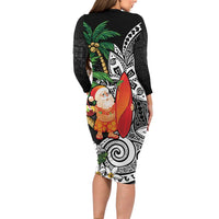 Polynesian Long Sleeve Bodycon Dress Tropical Santa - Plumeria Black Vintage LT7 - Polynesian Pride
