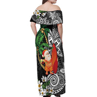 Polynesian Off Shoulder Maxi Dress Tropical Santa - Plumeria Black Vintage LT7 - Polynesian Pride