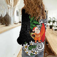 Polynesian Women Casual Shirt Tropical Santa - Plumeria Black Vintage