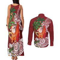 Polynesian Couples Matching Tank Maxi Dress and Long Sleeve Button Shirt Tropical Santa - Plumeria Red Vintage