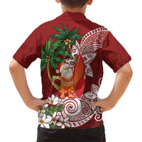 Polynesian Family Matching Off Shoulder Maxi Dress and Hawaiian Shirt Tropical Santa - Plumeria Red Vintage