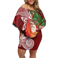 Polynesian Family Matching Off Shoulder Short Dress and Hawaiian Shirt Tropical Santa - Plumeria Red Vintage