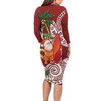 Polynesian Long Sleeve Bodycon Dress Tropical Santa - Plumeria Red Vintage LT7 - Polynesian Pride