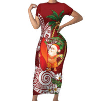 Polynesian Short Sleeve Bodycon Dress Tropical Santa - Plumeria Red Vintage LT7 Long Dress Red - Polynesian Pride
