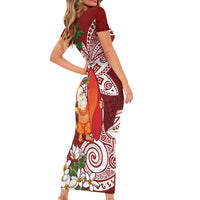 Polynesian Short Sleeve Bodycon Dress Tropical Santa - Plumeria Red Vintage LT7 - Polynesian Pride