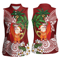 Polynesian Women Sleeveless Polo Shirt Tropical Santa - Plumeria Red Vintage
