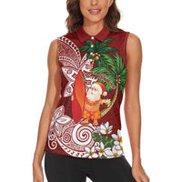 Polynesian Women Sleeveless Polo Shirt Tropical Santa - Plumeria Red Vintage