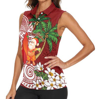 Polynesian Women Sleeveless Polo Shirt Tropical Santa - Plumeria Red Vintage