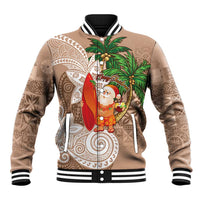 Polynesian Baseball Jacket Tropical Santa - Plumeria Beige Vintage LT7 Unisex Beige - Polynesian Pride