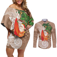 Polynesian Couples Matching Off Shoulder Short Dress and Long Sleeve Button Shirt Tropical Santa - Plumeria Beige Vintage