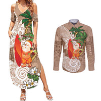 Polynesian Couples Matching Summer Maxi Dress and Long Sleeve Button Shirt Tropical Santa - Plumeria Beige Vintage