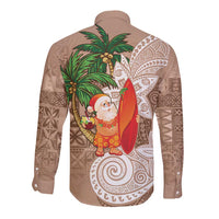 Polynesian Long Sleeve Button Shirt Tropical Santa - Plumeria Beige Vintage