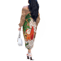Polynesian Off The Shoulder Long Sleeve Dress Tropical Santa - Plumeria Beige Vintage