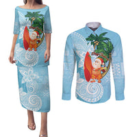 Polynesian Couples Matching Puletasi and Long Sleeve Button Shirt Tropical Santa - Plumeria Turquoise Vintage