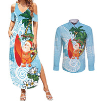 Polynesian Couples Matching Summer Maxi Dress and Long Sleeve Button Shirt Tropical Santa - Plumeria Turquoise Vintage