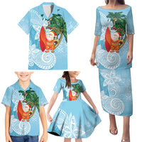 Polynesian Family Matching Puletasi and Hawaiian Shirt Tropical Santa - Plumeria Turquoise Vintage