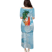 Polynesian Puletasi Tropical Santa - Plumeria Turquoise Vintage