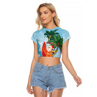 Polynesian Raglan Cropped T Shirt Tropical Santa - Plumeria Turquoise Vintage