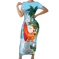 Polynesian Short Sleeve Bodycon Dress Tropical Santa - Plumeria Turquoise Vintage LT7 Long Dress Turquoise - Polynesian Pride