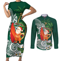 Polynesian Couples Matching Short Sleeve Bodycon Dress and Long Sleeve Button Shirt Tropical Santa - Plumeria Green Vintage
