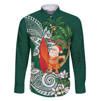 Polynesian Family Matching Tank Maxi Dress and Hawaiian Shirt Tropical Santa - Plumeria Green Vintage LT7 Dad's Shirt - Long Sleeve Green - Polynesian Pride