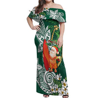 Polynesian Off Shoulder Maxi Dress Tropical Santa - Plumeria Green Vintage