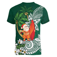 Polynesian Women V-Neck T-Shirt Tropical Santa - Plumeria Green Vintage