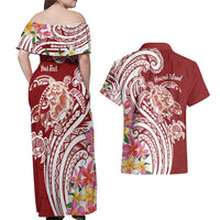 Aloha Hawaii Island Personalized Couples Matching Off Shoulder Maxi Dress and Hawaiian Shirt Crimson Dreamy Turtle
