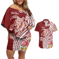 Aloha Hawaii Island Personalized Couples Matching Off Shoulder Short Dress and Hawaiian Shirt Crimson Dreamy Turtle