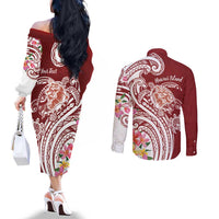 Aloha Hawaii Island Personalized Couples Matching Off The Shoulder Long Sleeve Dress and Long Sleeve Button Shirt Crimson Dreamy Turtle