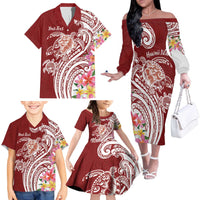 Aloha Hawaii Island Personalized Family Matching Off The Shoulder Long Sleeve Dress and Hawaiian Shirt Crimson Dreamy Turtle