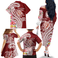 Aloha Hawaii Island Personalized Family Matching Off The Shoulder Long Sleeve Dress and Hawaiian Shirt Crimson Dreamy Turtle