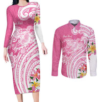 Aloha Maui Island Personalized Couples Matching Long Sleeve Bodycon Dress and Long Sleeve Button Shirt Rose Dreamy Turtle