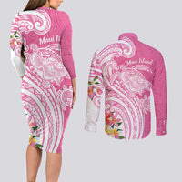 Aloha Maui Island Personalized Couples Matching Long Sleeve Bodycon Dress and Long Sleeve Button Shirt Rose Dreamy Turtle