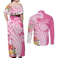 Aloha Maui Island Personalized Couples Matching Off Shoulder Maxi Dress and Long Sleeve Button Shirt Rose Dreamy Turtle