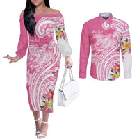 Aloha Maui Island Personalized Couples Matching Off The Shoulder Long Sleeve Dress and Long Sleeve Button Shirt Rose Dreamy Turtle