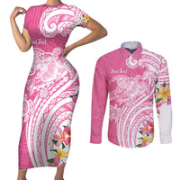 Aloha Maui Island Personalized Couples Matching Short Sleeve Bodycon Dress and Long Sleeve Button Shirt Rose Dreamy Turtle
