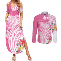 Aloha Maui Island Personalized Couples Matching Summer Maxi Dress and Long Sleeve Button Shirt Rose Dreamy Turtle