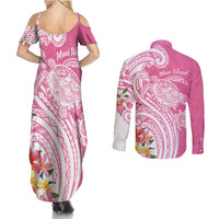 Aloha Maui Island Personalized Couples Matching Summer Maxi Dress and Long Sleeve Button Shirt Rose Dreamy Turtle