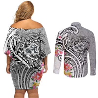 Aloha Kahoolawe Island Personalized Couples Matching Off Shoulder Short Dress and Long Sleeve Button Shirt Ashen Dreamy Turtle