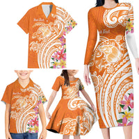 Aloha Lanai Island Personalized Family Matching Long Sleeve Bodycon Dress and Hawaiian Shirt Orange Dreamy Turtle