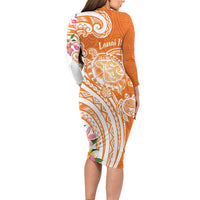 Aloha Lanai Island Personalized Family Matching Long Sleeve Bodycon Dress and Hawaiian Shirt Orange Dreamy Turtle